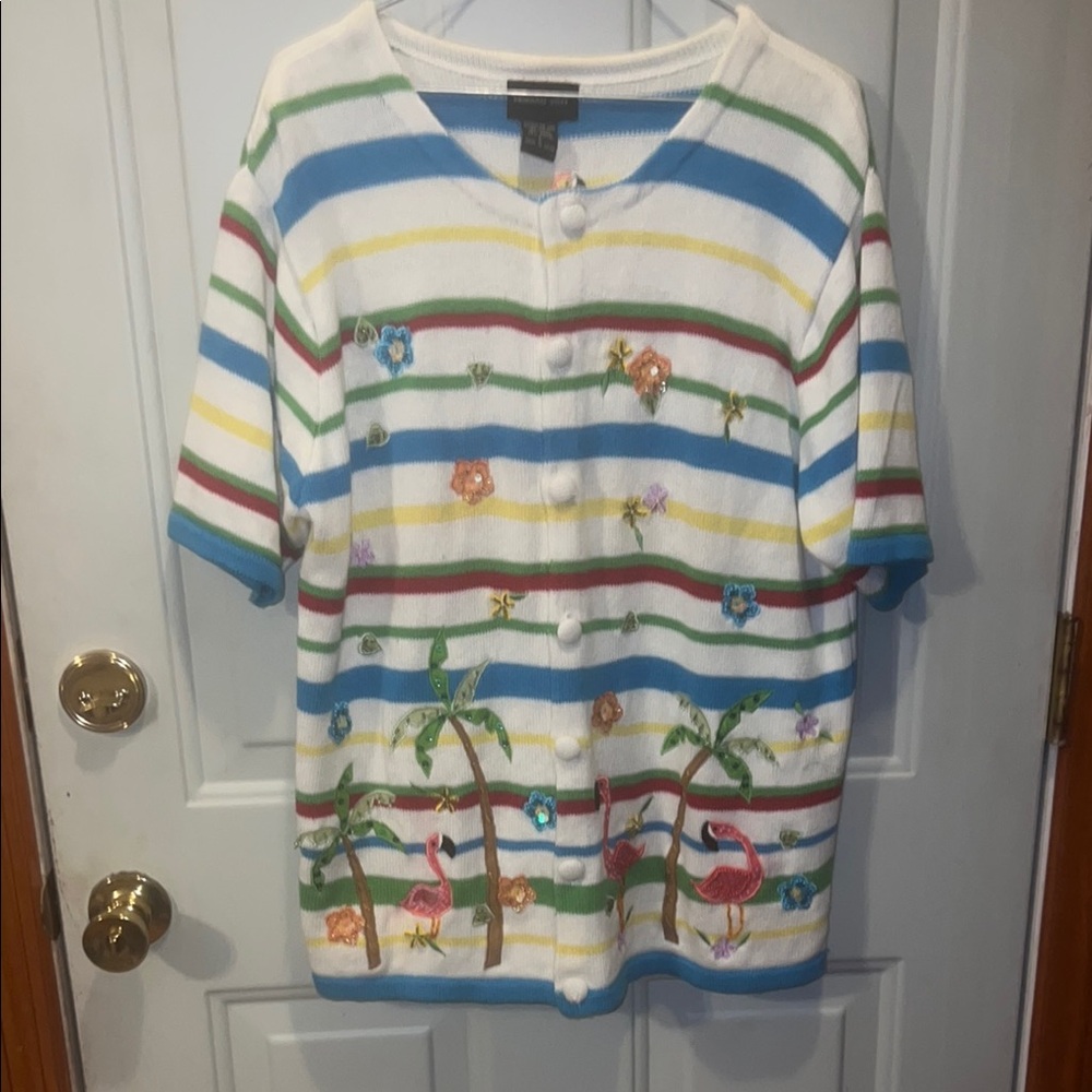 Vintage Morgan Cole embroidered summer / tropical
Flamingo scene sweater sz L